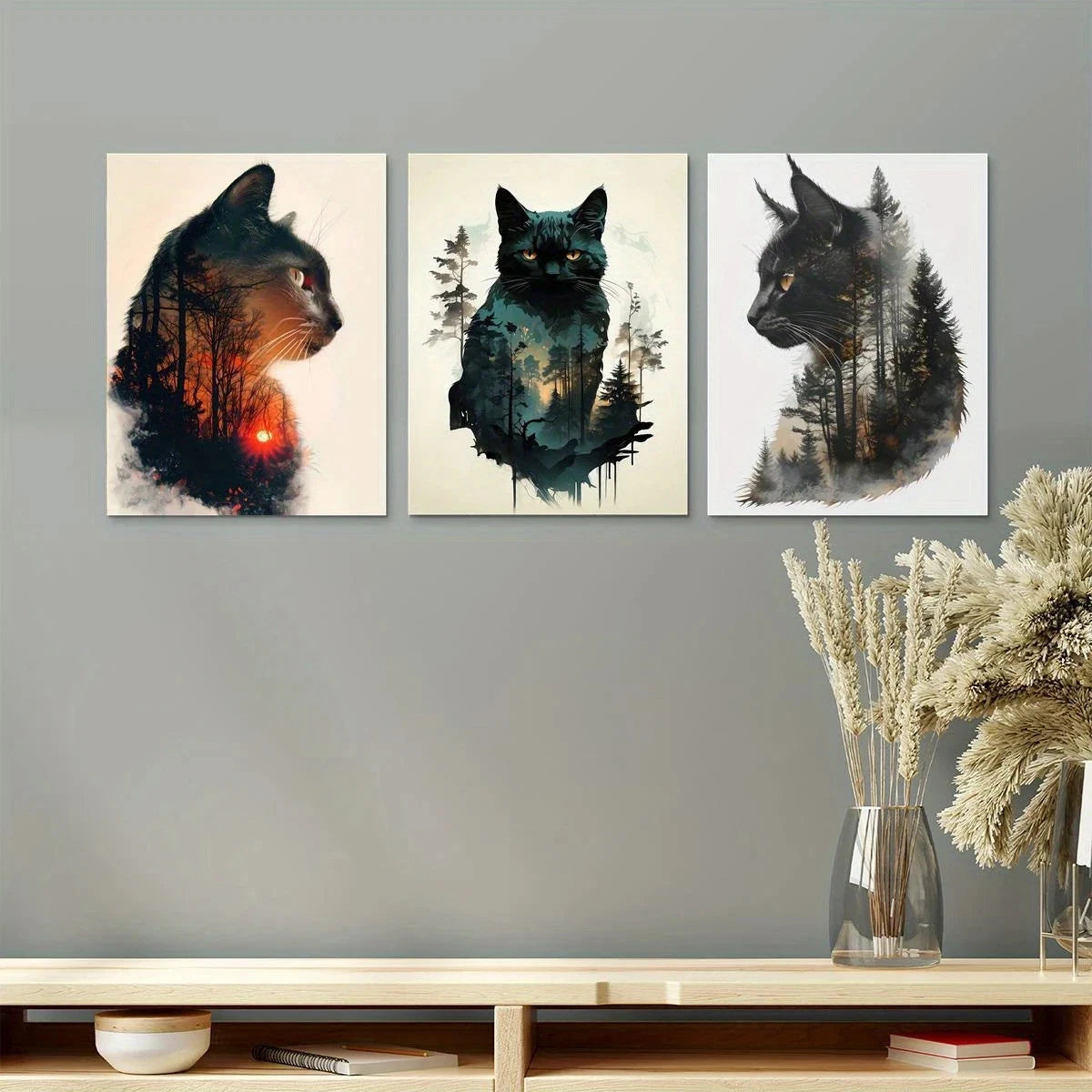 3pcs Cat & Forest Animal Themed Metal Print Ready to Hang Art - Bella Home Decor