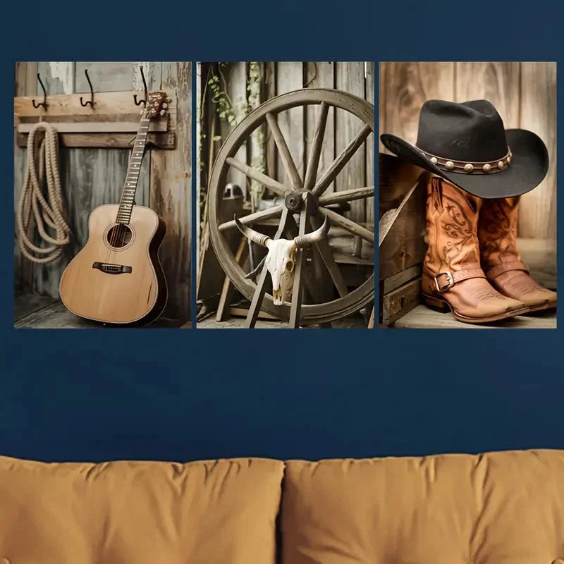 3pcs Cowboy Hat & Boots Metal Print Ready to Hang Art - Bella Home Decor