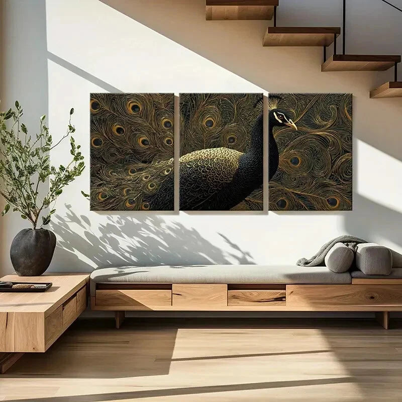 3pcs Elegant Peacock Golden Feathers Intricate Metal Print Ready to Hang Art