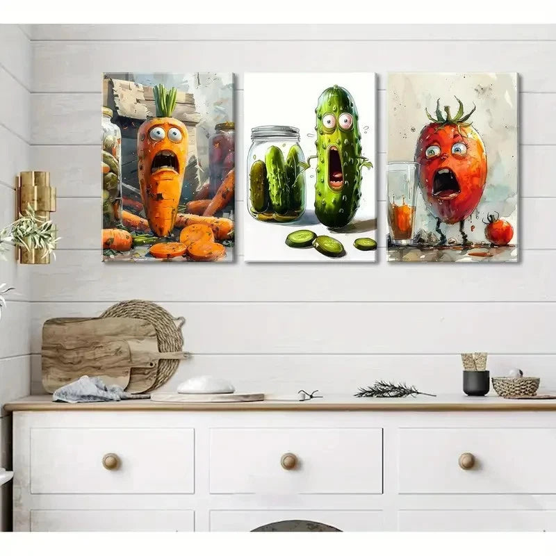 3pcs Whimsical Pickle Cool Vegetable Food Metal Print Ready to Hang Art
