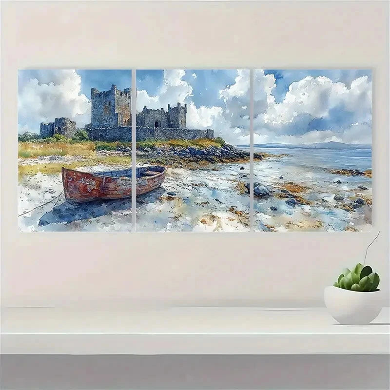 3pcs Dungaire Castle Galway Bay Ireland Watercolor Metal Print Ready to Hang Art - Bella Home Decor