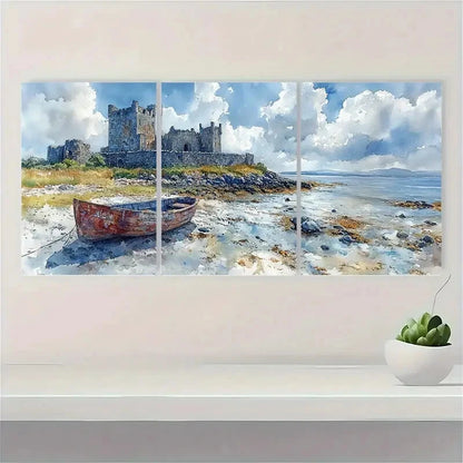 3pcs Dungaire Castle Galway Bay Ireland Watercolor Metal Print Ready to Hang Art - Bella Home Decor