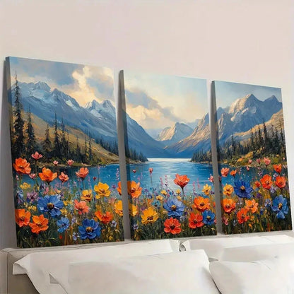 3pcs Natural Lake View Wildflower  EQ   Wall Art Set Canvas Framed 40x60cm - High Quality Print 100% Australian Made Wall Canvas Ready to Hang - Bella Home Decor