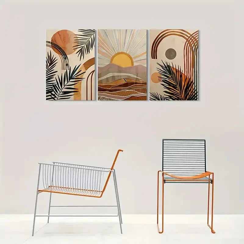 3pcs Abstract Sunset Palm Leaf & Geometric Design Metal Print Ready to Hang Art - Bella Home Decor