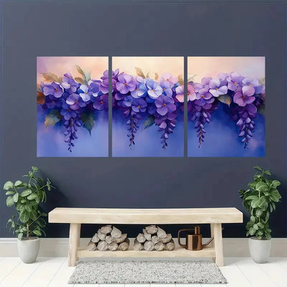 3pcs Elegant Purple Wisteria Floral Art Prints Metal Print Ready to Hang Art - Bella Home Decor