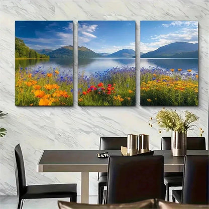 3pcs Vibrant Floral & Mountain Landscape Perfect Wall Art Set Canvas Framed 50x70cm - High Quality Print 100% Australian Made Wall Canvas Ready to Hang