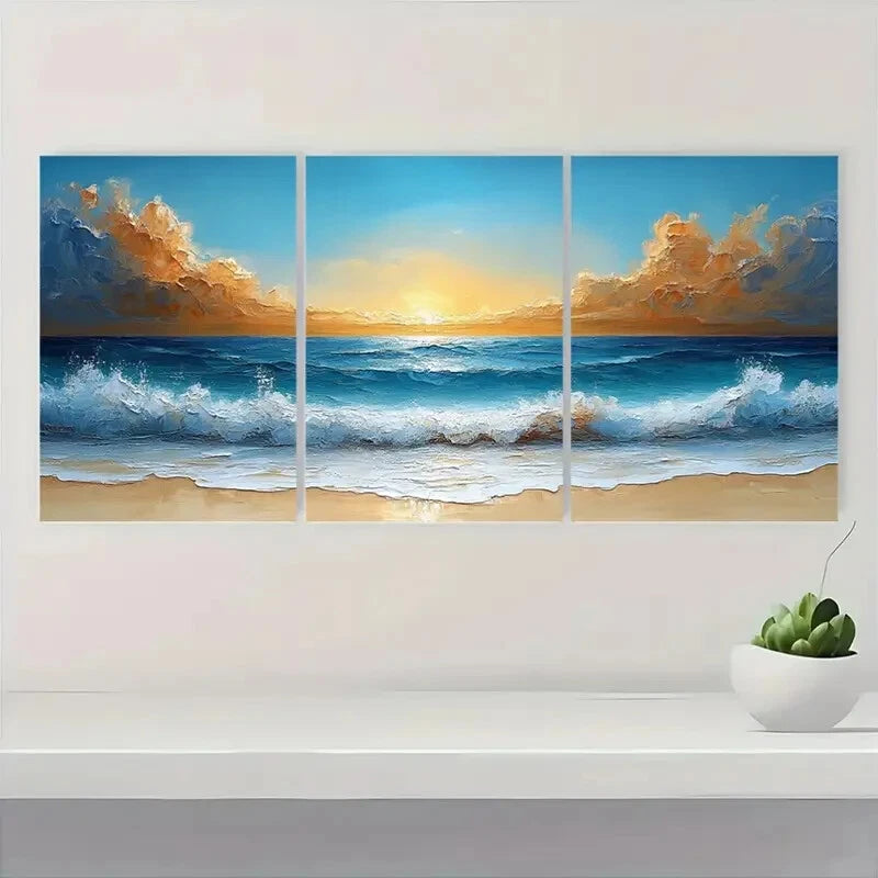 3pcs Abstract Beach Scene Blue Waves & Golden Sky Metal Print Ready to Hang Art - Bella Home Decor