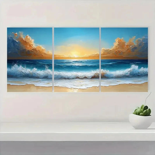 3pcs Abstract Beach Scene Blue Waves & Golden Sky Metal Print Ready to Hang Art