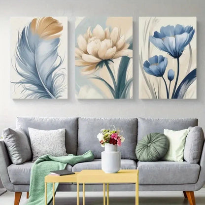 3pcs Blue Feather, White Flower, Blue Flower     Wall Art Set Canvas Framed 60x90cm - High Quality Print 100% Australian Made Wall Canvas Ready to Hang - Bella Home Decor