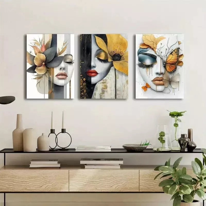 3pcs Modern Abstract Floral Designs With Sexy Lips Wall Art Set Canvas Framed 50x70cm - High Quality Print 100% Australian Made Wall Canvas Ready to Hang