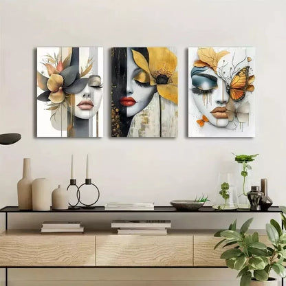 3pcs Modern Abstract Floral Designs With Sexy Lips Wall Art Set Canvas Framed 50x70cm - High Quality Print 100% Australian Made Wall Canvas Ready to Hang