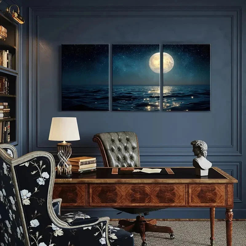 3pcs Moonlit Ocean Starry Sky Full Moon Reflection Metal Print Ready to Hang Art - Bella Home Decor