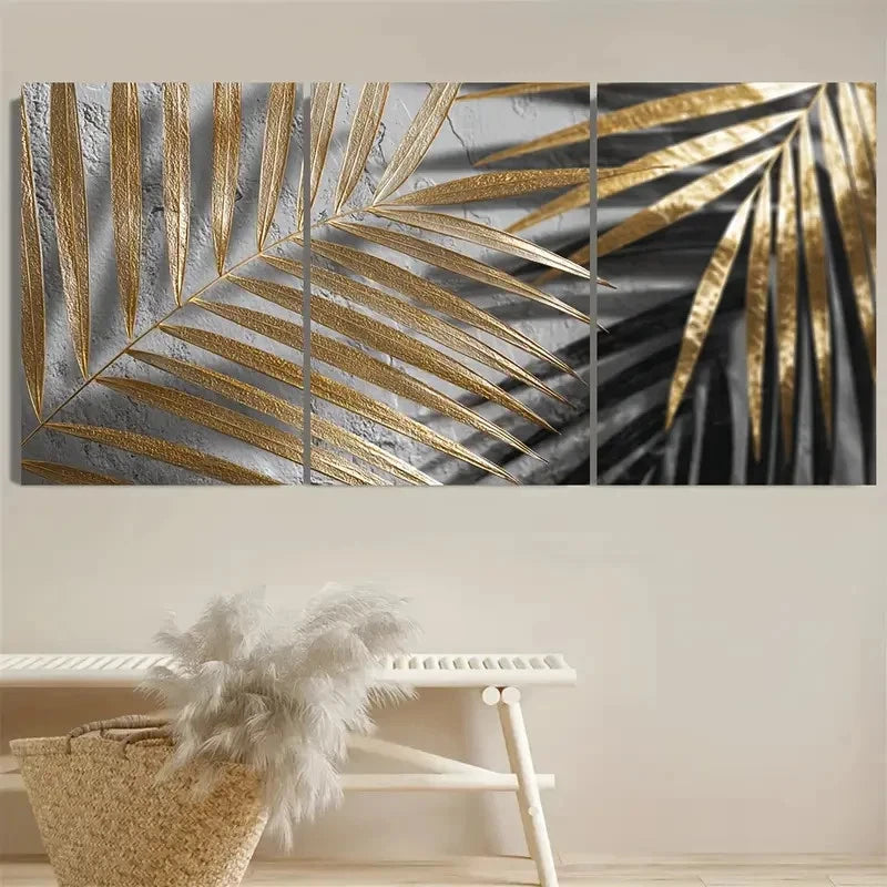 3pcs Golden Sun and Palm Leaf Tropical Wall Art Set Canvas Framed 40x60cm - High Quality Print 100% Australian Made Wall Canvas Ready to Hang - Bella Home Decor