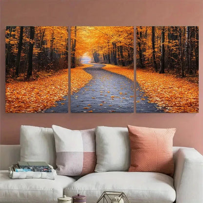 3pcs Autumn Path Yellow Orange Leaf Trees Wall Art Set Canvas Framed 40x60cm - High Quality Print 100% Australian Made Wall Canvas Ready to Hang