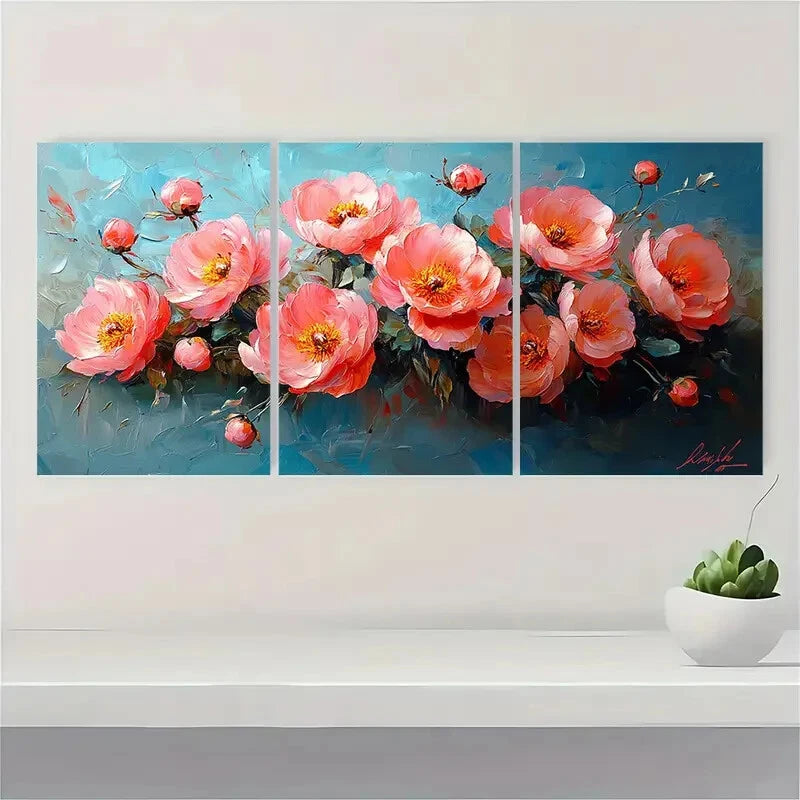 3pcs Pink Peonies Impasto Painting Oil Painting Metal Print Ready to Hang Art - Bella Home Decor