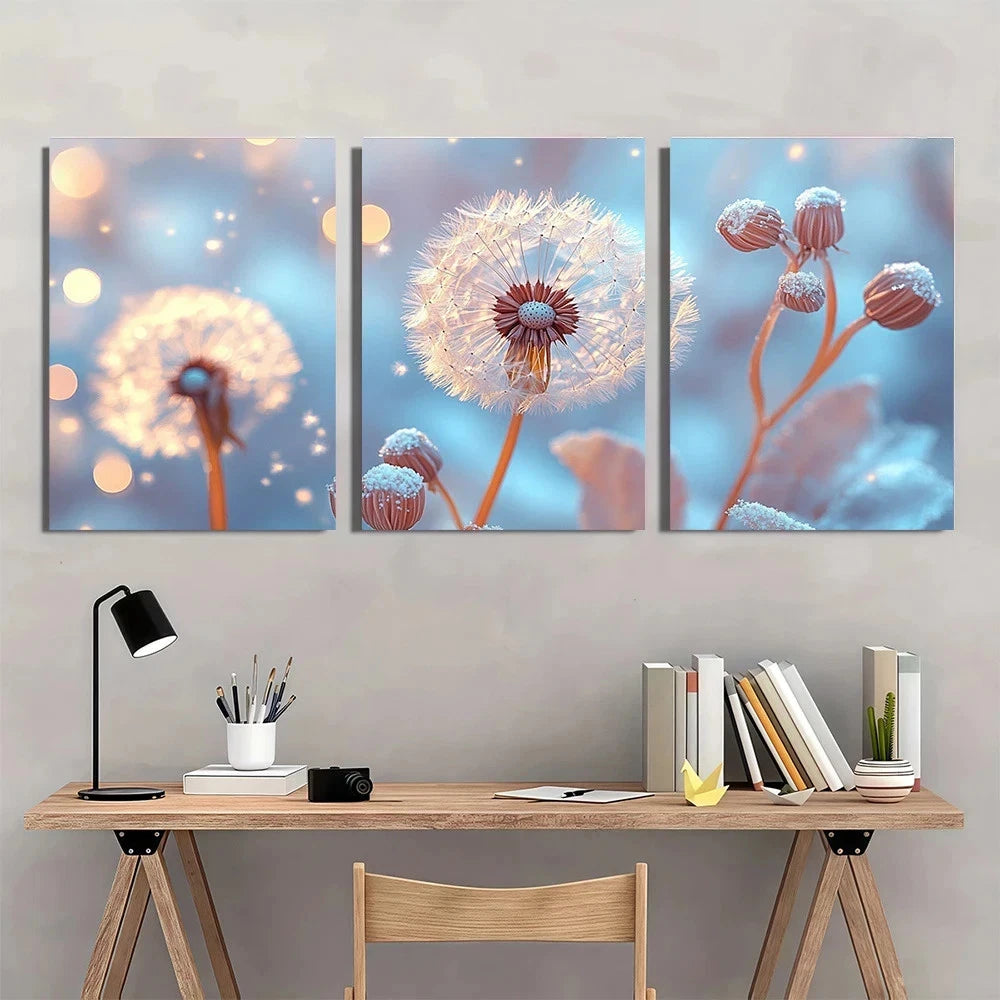 3pcs Vibrant Blue & Golden Dandelion Wall Art Set Canvas Framed 60x90cm - High Quality Print 100% Australian Made Wall Canvas Ready to Hang - Bella Home Decor