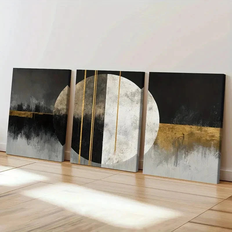 3pcs Modern Abstract Circle Golden & Black  Wall Art Set Canvas Framed 60x90cm - High Quality Print 100% Australian Made Wall Canvas Ready to Hang