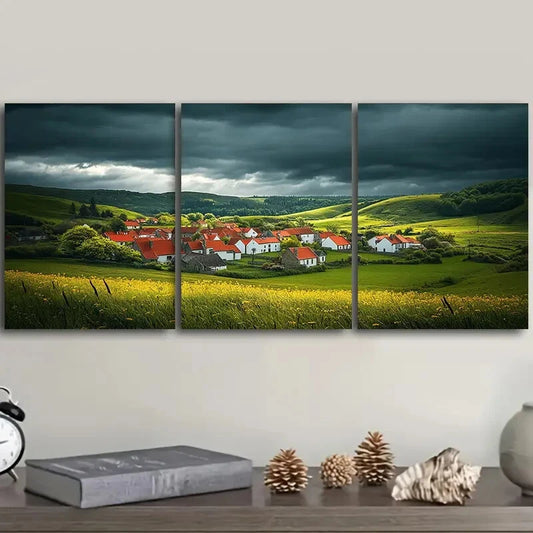 3pcs A little village with red roofs Metal Print Ready to Hang Art