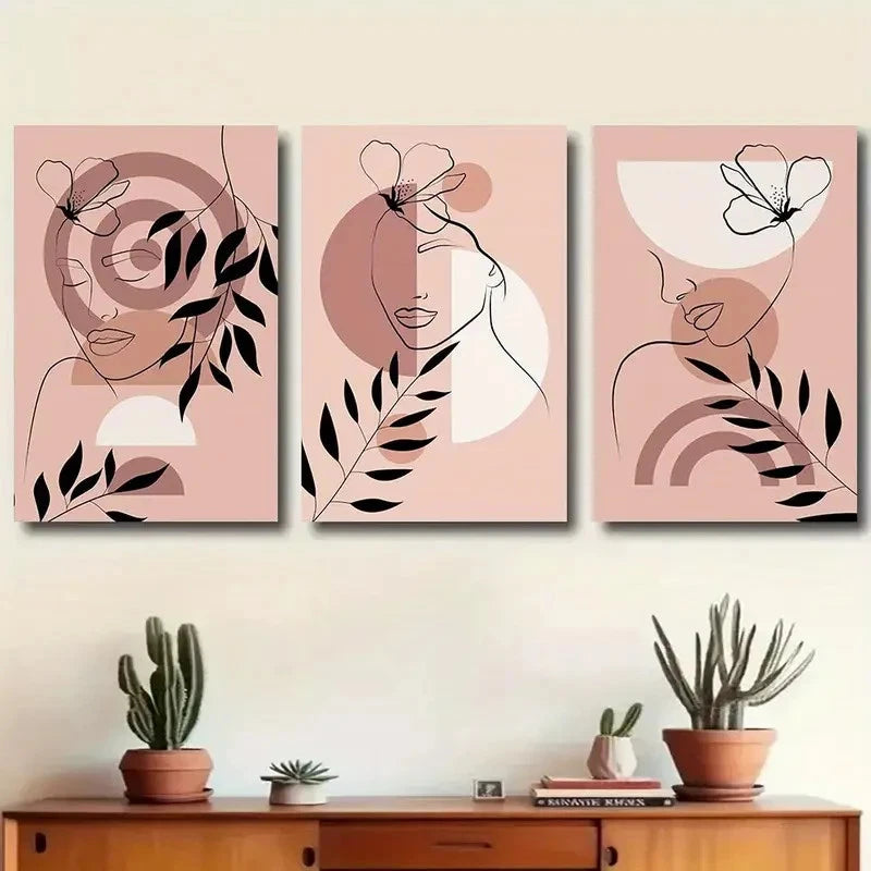3pcs Abstract Women Portrait with Floral Element Metal Print Ready to Hang Art - Bella Home Decor