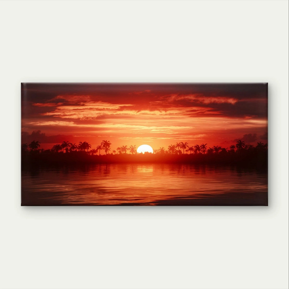 Fiery Tropical Sunset and Palm Tree Wall Art Canvas Office Home Framed 120x60cm