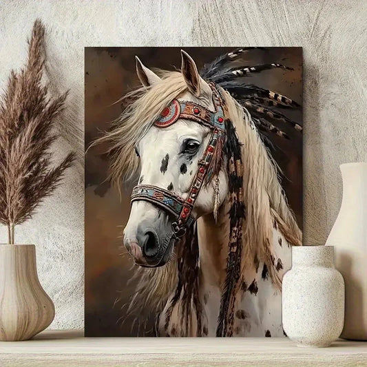 Majestic White Horse with Indian Headdress Long Hair 40x60cm Metal Print Ready to Hang