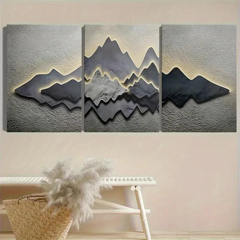 3pcs Abstract Mountain Range Black and Gray Metal Print Ready to Hang Art - Bella Home Decor