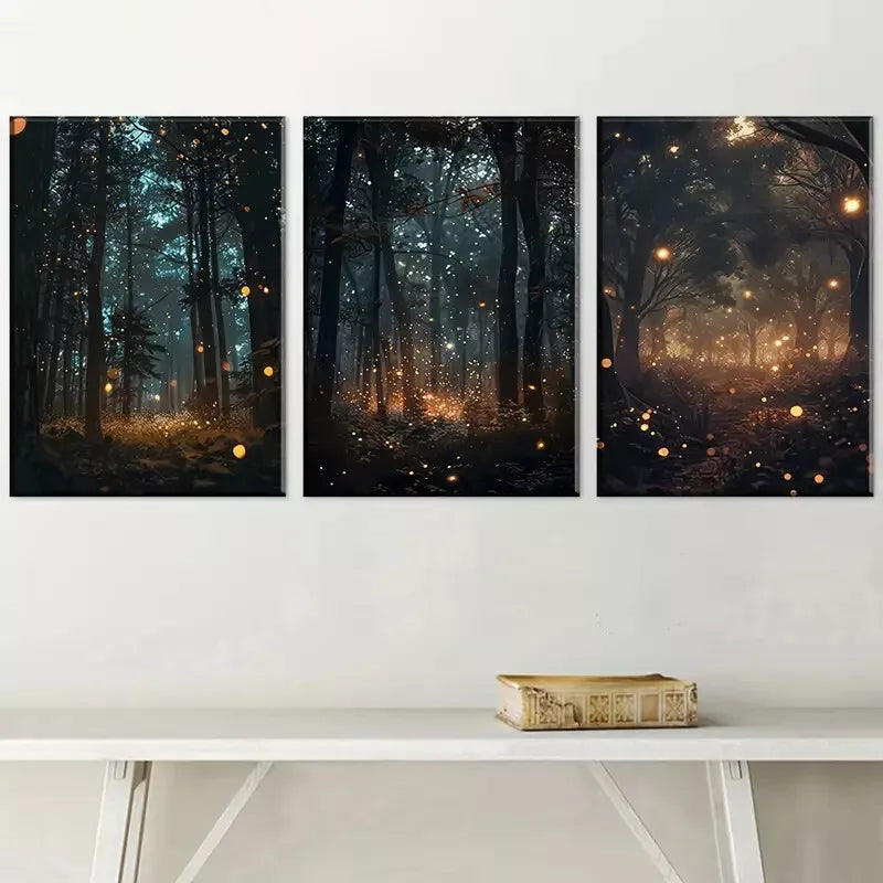 3pcs Decorative Enchanting Forest Firefly Scene Art Set Canvas Framed 50x70cm - High Quality Print 100% Australian Made Wall Canvas Ready to Hang