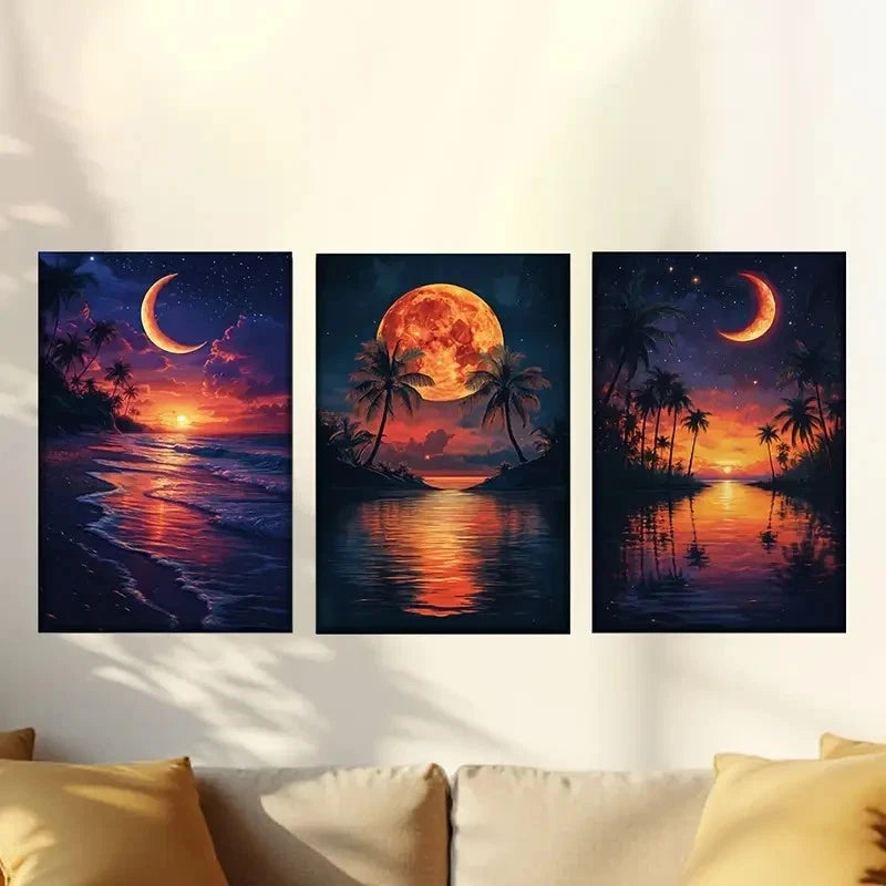 3pcs Islands with palm trees, moon and stars Wall Art Set Canvas Framed 50x70cm - High Quality Print 100% Australian Made Wall Canvas Ready to Hang - Bella Home Decor