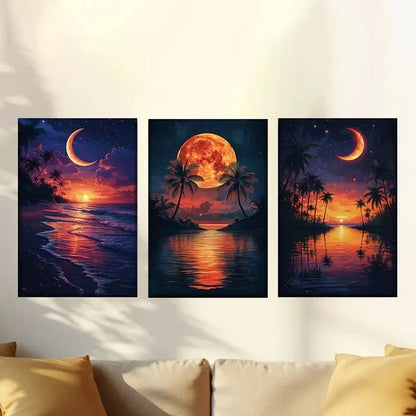 3pcs Islands with palm trees, moon and stars Wall Art Set Canvas Framed 50x70cm - High Quality Print 100% Australian Made Wall Canvas Ready to Hang - Bella Home Decor