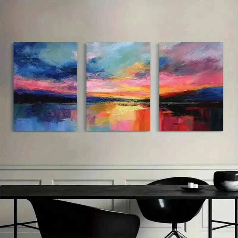 3pcs , Colorful Sky and Waves Landscape Painting Metal Print Ready to Hang Art - Bella Home Decor