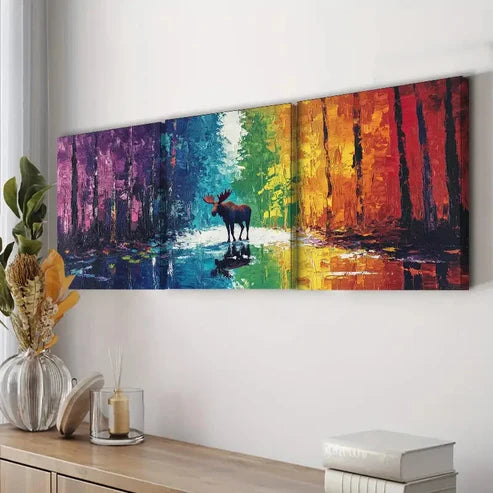 3pcs Moose in the Forest Nature Colorful Wall Art Set Canvas Unframed - High Quality Print 100% Australian Made Wall Canvas