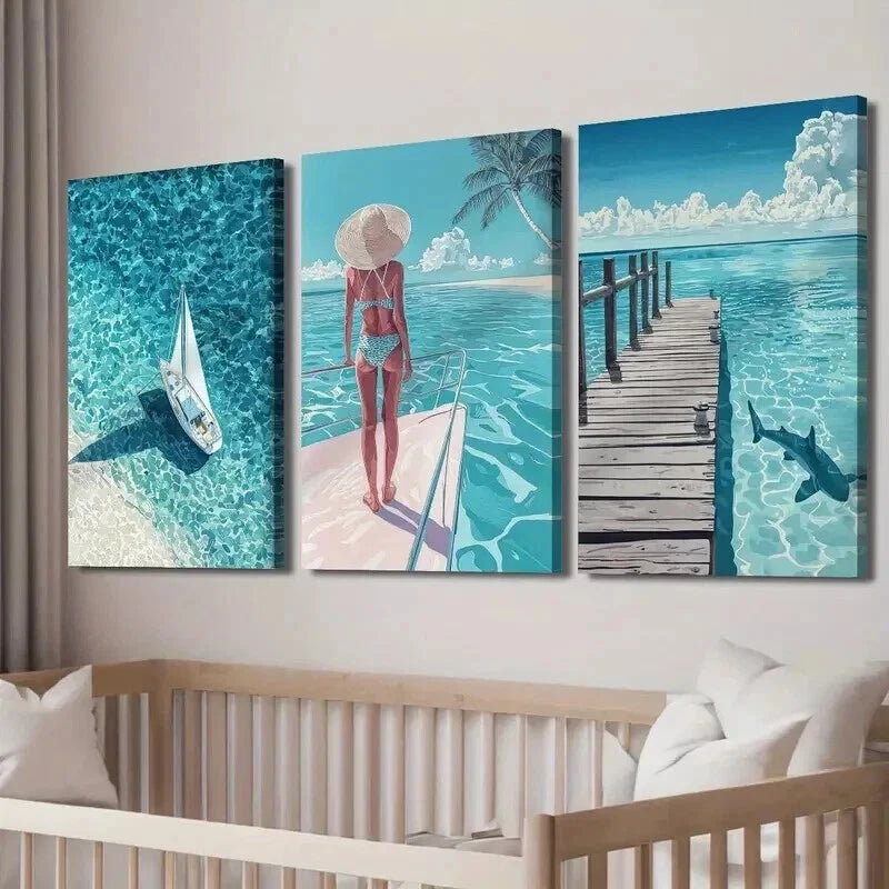 3pcs Beach & Serene Ocean Scene with Sailboat Wall Art Set Canvas Framed 60x90cm - High Quality Print 100% Australian Made Wall Canvas Ready to Hang