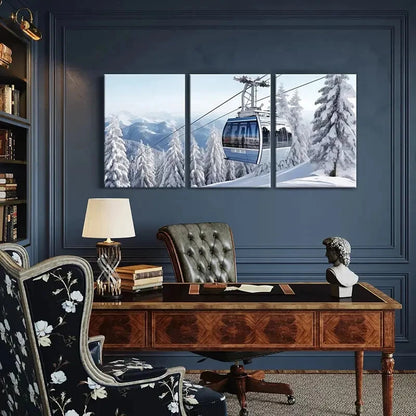 3pcs Winter Wonderland Cable Car Snowy Mountains Metal Print Ready to Hang Art - Bella Home Decor