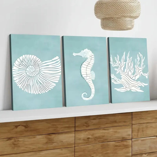 3pcs Seahorses Corals & Shells Ocean Life Blue Wall Art Set Canvas Framed 50x70cm - High Quality Print 100% Australian Made Wall Canvas Ready to Hang