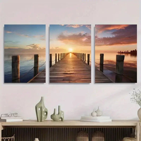 3pcs Triptych Ocean Pier Prints Wall Art Set Canvas Framed 40x60cm - High Quality Print 100% Australian Made Wall Canvas Ready to Hang