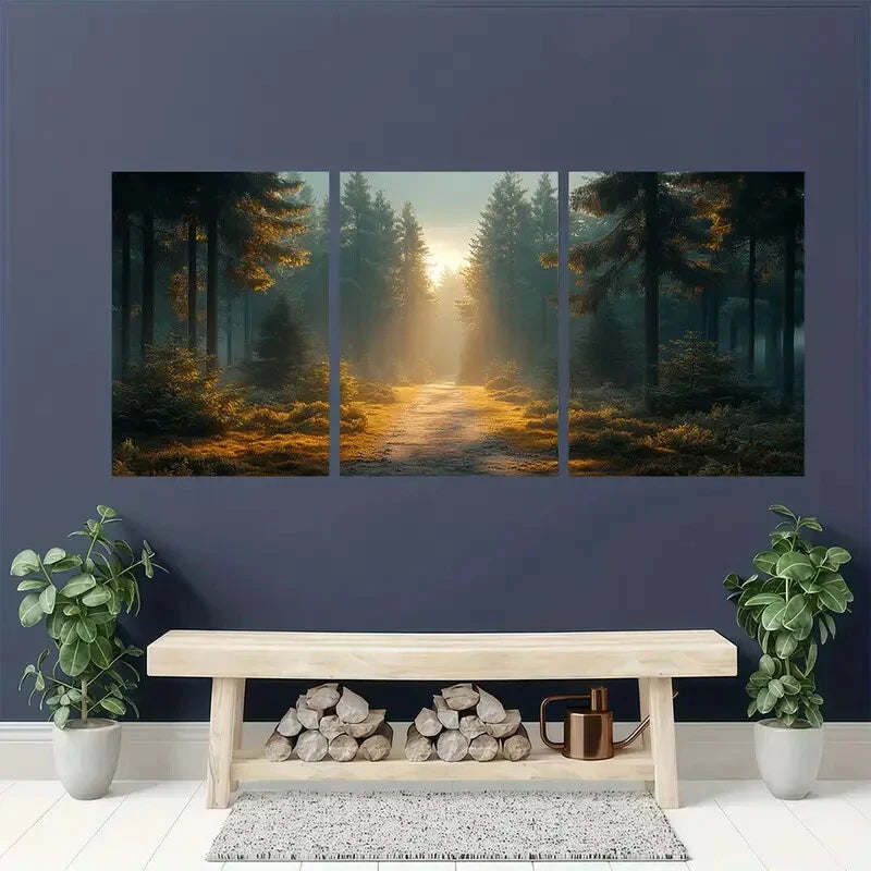 3pcs Forest Landscape Panoramic Print Neutral Metal Print Ready to Hang Art - Bella Home Decor