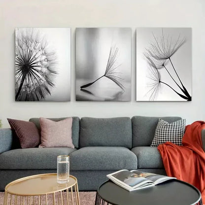 3pcs Dandelion Flower Black & White  Art Set Canvas Unframed - High Quality Print 100% Australian Made Wall Canvas - Bella Home Decor
