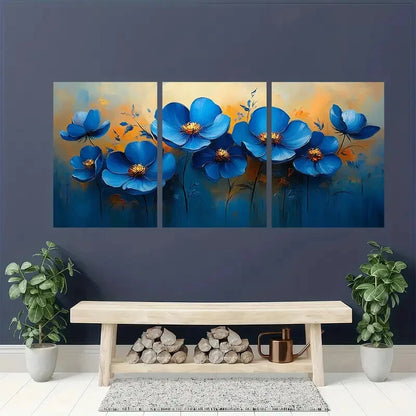 3pcs Original Blue Floral Oil Painting Metal Print Ready to Hang Art - Bella Home Decor