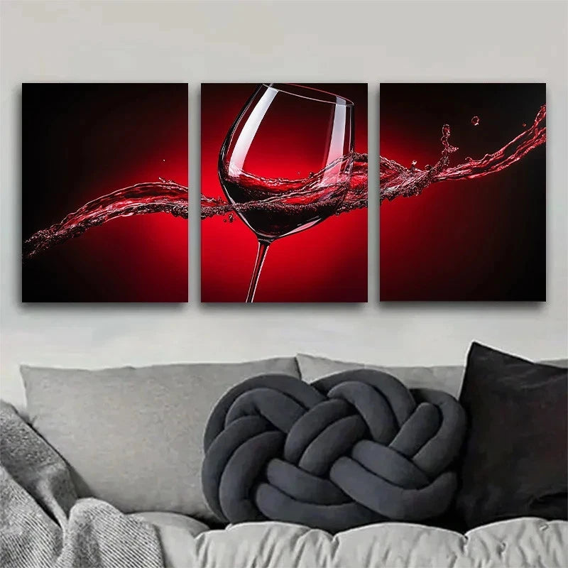 3pcs Dynamic Red Wine Splash Design Metal Print Ready to Hang Art - Bella Home Decor