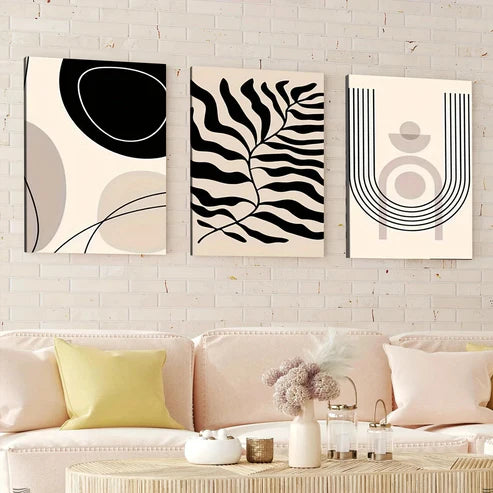 3pcs Modern Abstract Geometric Leaves Black Line Wall Art Set Canvas Unframed - High Quality Print 100% Australian Made Wall Canvas