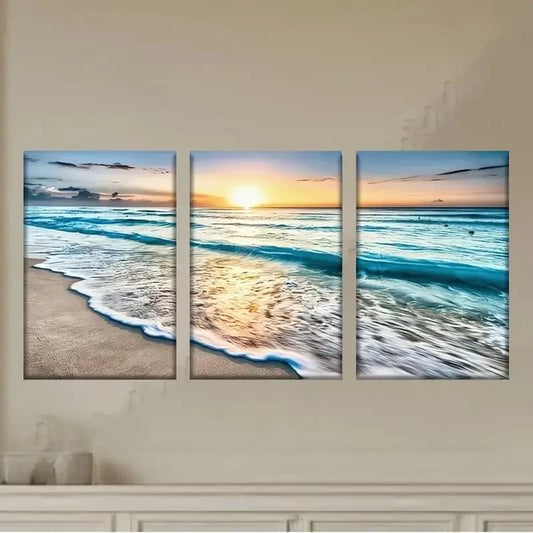 3pcs a beach scene with waves and a sunset Wall Art Set Canvas Framed 40x60cm - High Quality Print 100% Australian Made Wall Canvas Ready to Hang