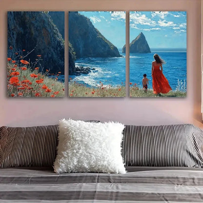 3pcs Woman By The Sea Coastal Scene Wall Art Set Canvas Framed 40x60cm - High Quality Print 100% Australian Made Wall Canvas Ready to Hang