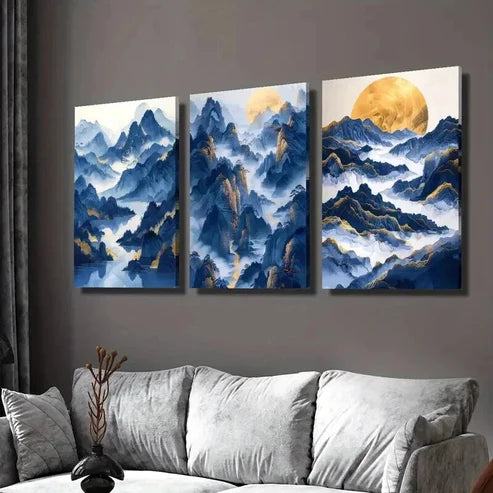 3pcs Mountains River and Golden Moon  Wall Art Set Canvas Unframed - High Quality Print 100% Australian Made Wall Canvas