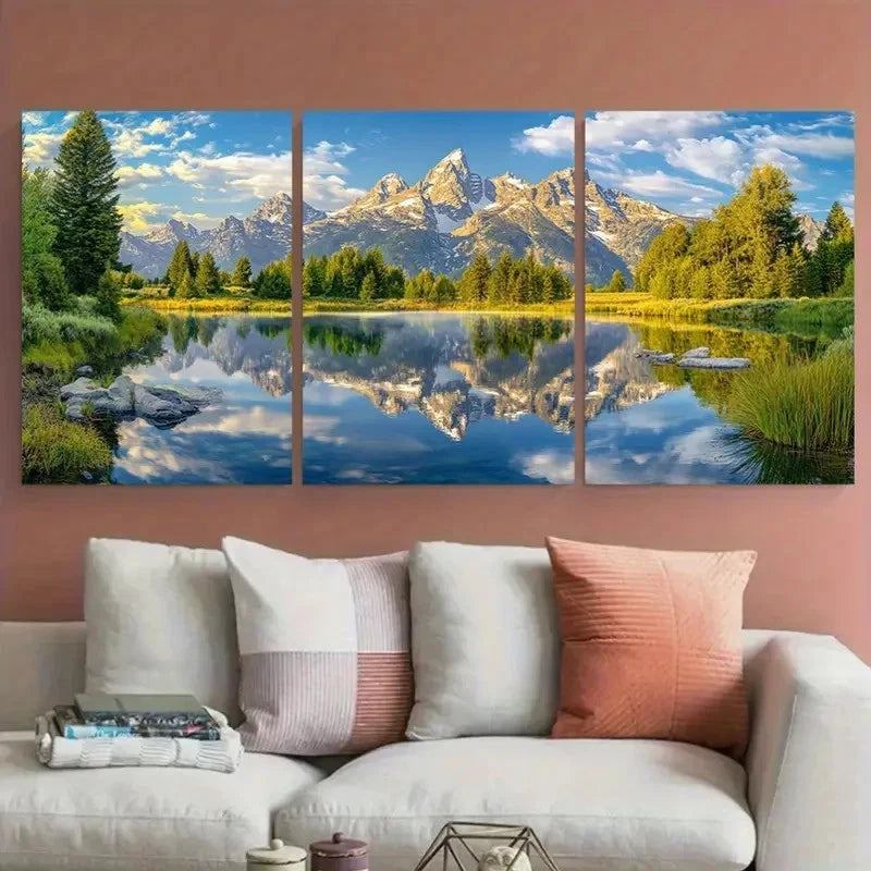 3pcs Grand Teton Reflection Mountain & Lake View Wall Art Set Canvas Framed 60x90cm - High Quality Print 100% Australian Made Wall Canvas Ready to Hang