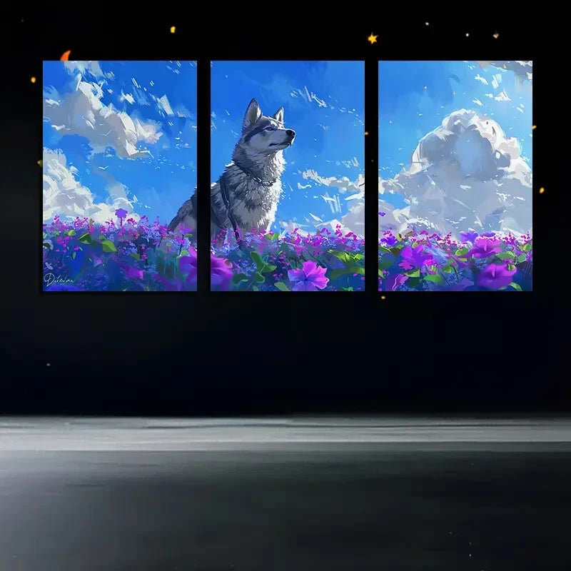 3pcs Vibrant Husky in The Flower Field with Sky Metal Print Ready to Hang Art - Bella Home Decor