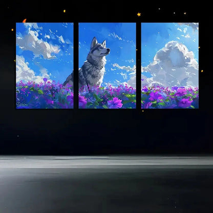 3pcs Vibrant Husky in The Flower Field with Sky Metal Print Ready to Hang Art - Bella Home Decor