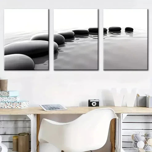 3pcs Simple Modern Black and White Stones Water Wall Art Canvas Unframed - High Quality Print 100% Australian Made Wall Canvas