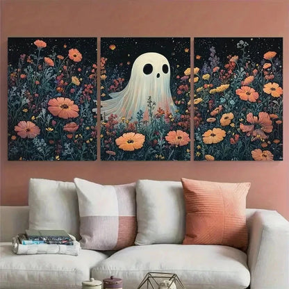 3pcs Horror Spooky Cute Ghost with Florals Wall Art Set Canvas Framed 60x90cm - High Quality Print 100% Australian Made Wall Canvas Ready to Hang - Bella Home Decor