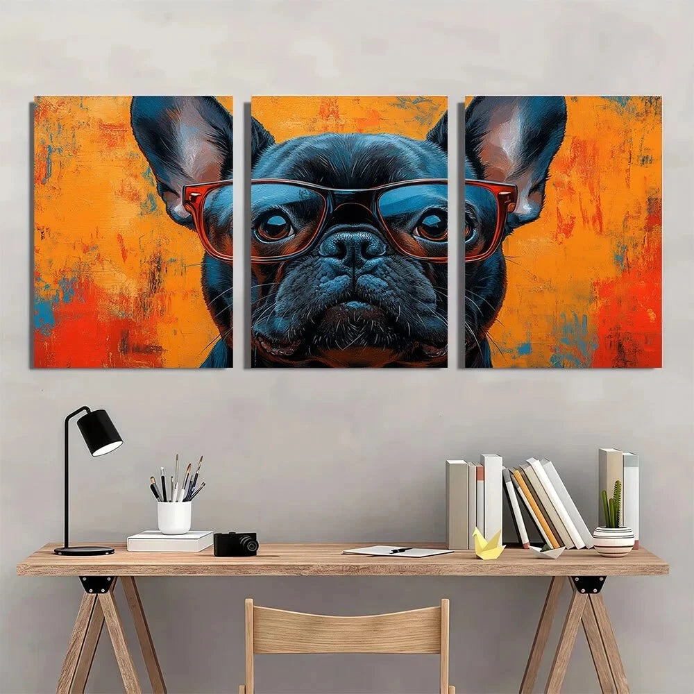 3pcs Abstract French Bulldog with Glasses Metal Print Ready to Hang Art - Bella Home Decor