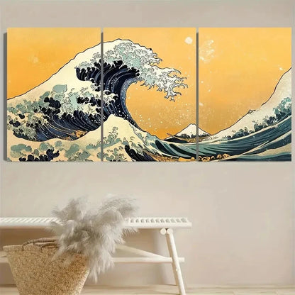 3pcs Vintage Japanese Wave Art Wall Art Set Canvas Framed 50x70cm - High Quality Print 100% Australian Made Wall Canvas Ready to Hang